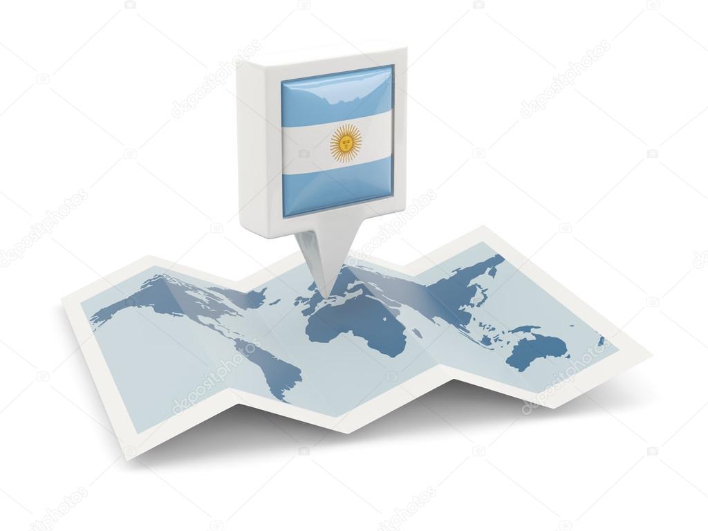 Square pin with flag of argentina on the map