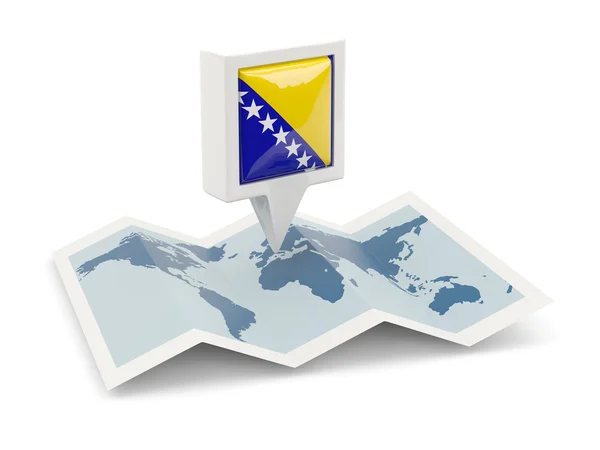 Pin cuadrado con la bandera de bosnia y Herzegovina en el mapa —  Fotos de Stock