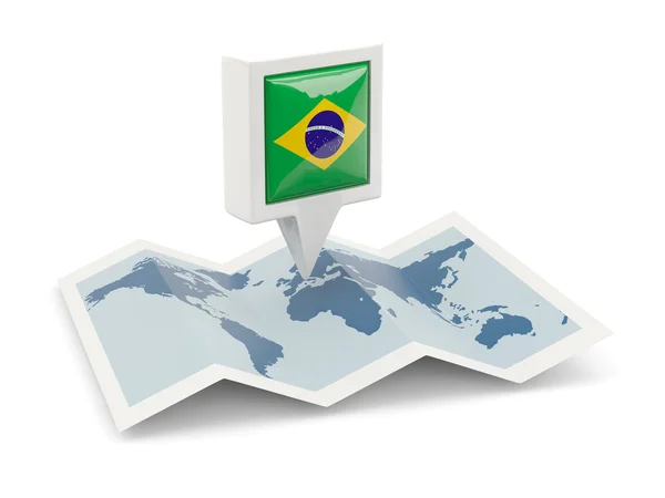 Square pin with flag of brazil on the map — Stock Photo, Image