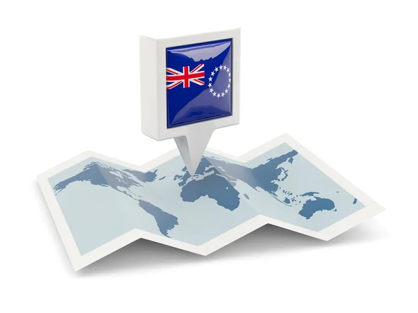Épinglette carrée avec drapeau des îles cuisinières sur la carte — Photo