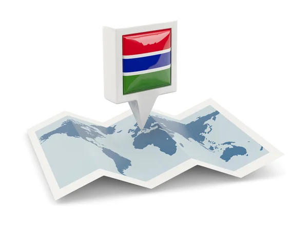 Vierkante pin met vlag van gambia op de kaart — Stockfoto