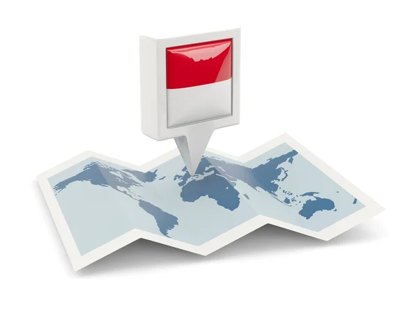 Épinglette carrée avec drapeau de l'indonésie sur la carte — Photo