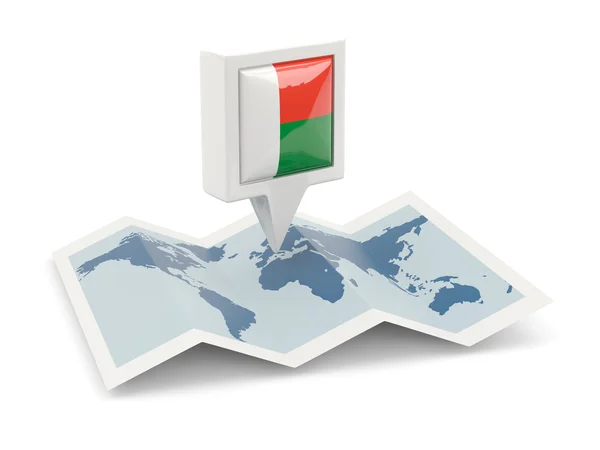 Pin cuadrado con bandera de madagascar en el mapa — Foto de Stock
