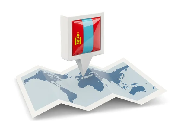 Quadratische Nadel mit Flagge der Mongolei auf der Karte — Stockfoto