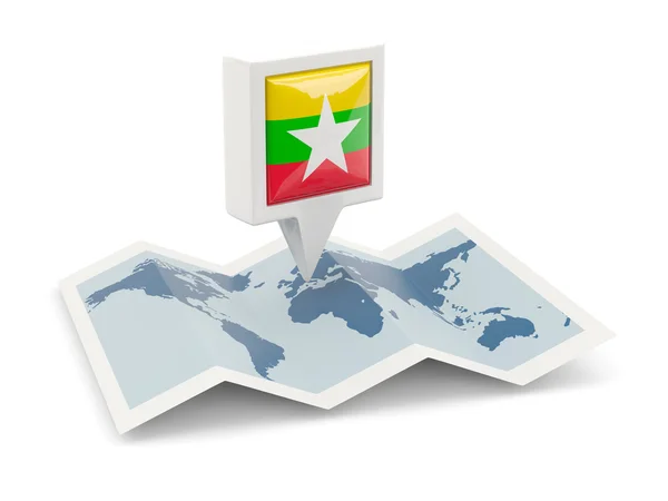 Square pin with flag of myanmar on the map — Stock Photo, Image