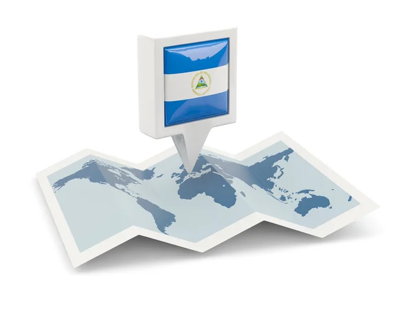 Pin cuadrado con bandera de nicaragua en el mapa — Foto de Stock