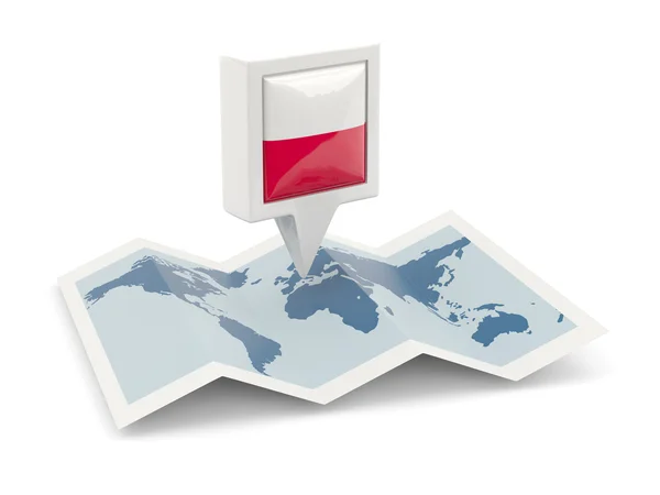 Quadratische Nadel mit der Flagge Polens auf der Karte — Stockfoto