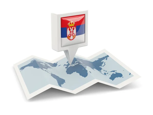 Pin cuadrado con bandera de serbia en el mapa — Foto de Stock