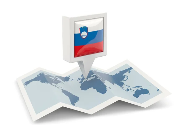 Square pin with flag of slovenia on the map — Stock Photo, Image