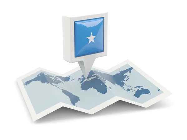 Spilla quadrata con bandiera somala sulla mappa — Foto Stock
