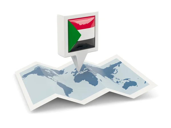 Perno quadrato con bandiera sudana sulla mappa — Foto Stock