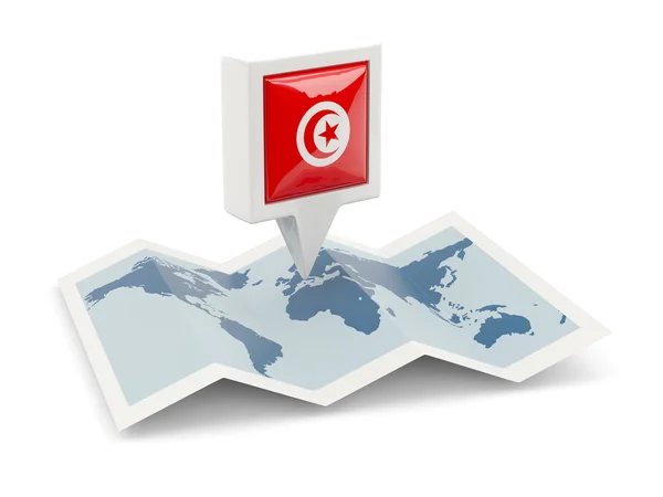 Quadratische Nadel mit tunesischer Flagge auf der Karte — Stockfoto