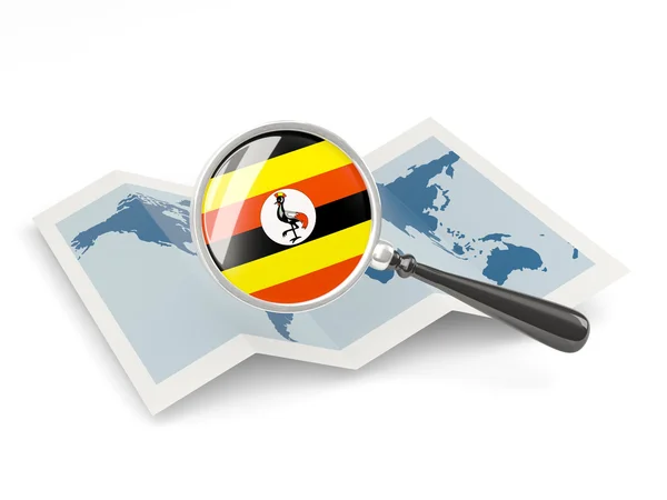 Drapeau grossi de uganda avec carte — Photo