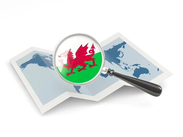 Zvětšený vlajka Walesu s mapou — Stock fotografie
