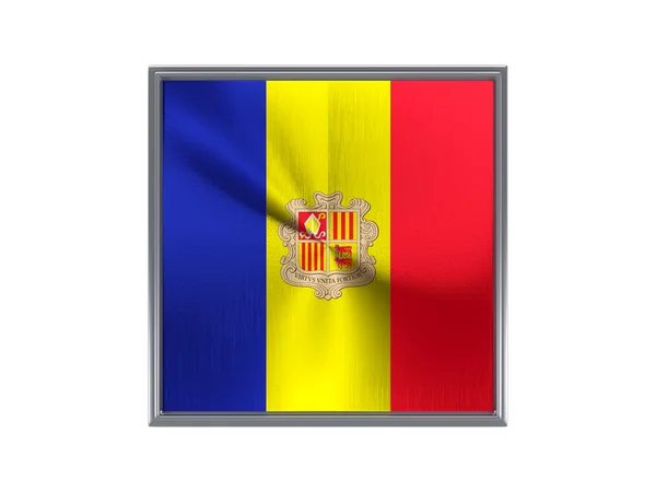 Quadratischer metallknopf mit andorra-flagge — Stockfoto