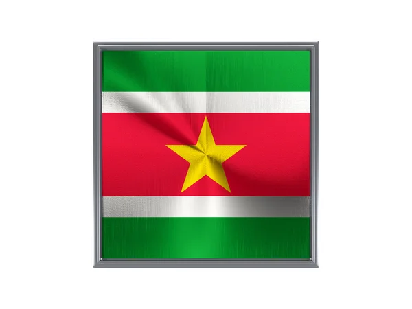 Square metal button with flag of suriname — Stok fotoğraf