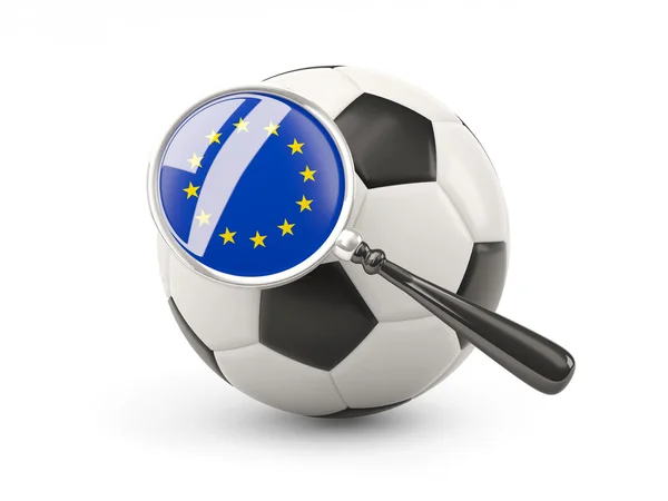 Football with magnified flag of european union — Stockfoto