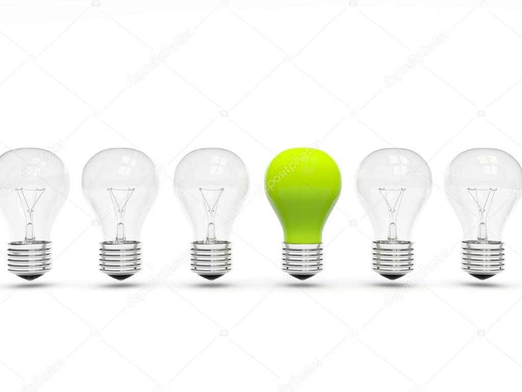 Green light bulb in a row