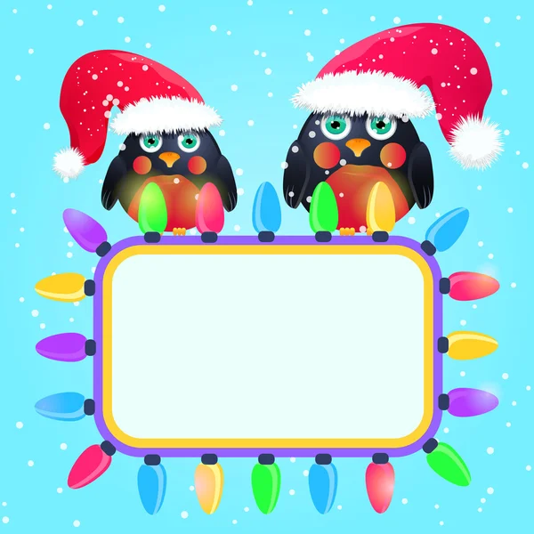 可爱的红色帽子席位在圣诞贺卡上的鸟 — 图库矢量图片