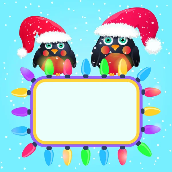 Aves en lindos asientos de sombrero rojo en la tarjeta de Navidad — Vector de stock