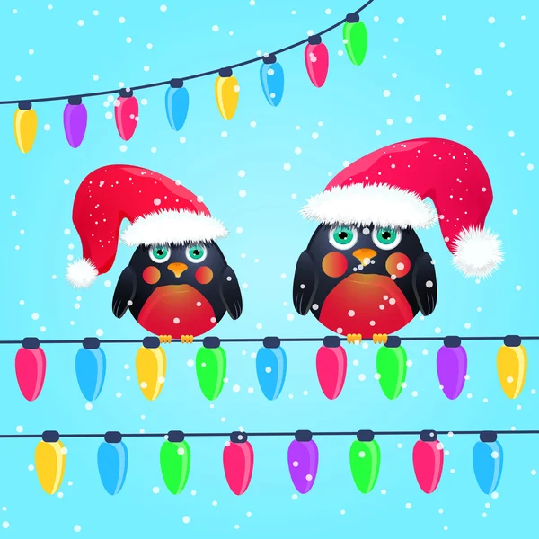 Aves en lindos asientos de sombrero rojo en alambre de luz de Navidad — Vector de stock