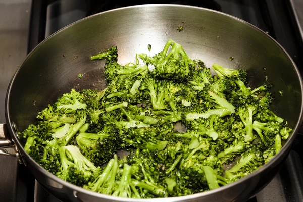 Sauteed Broccoli In Stainless Steel Frying Pan — Stock Photo, Image