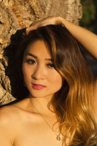 Asian American Woman Outdoors Portrait Bare Shoulders — Stock Photo, Image