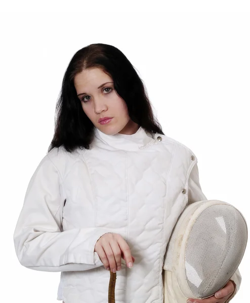 Woman Holding Fencing Mask Wearing Fencing Jacket — Stock Photo, Image