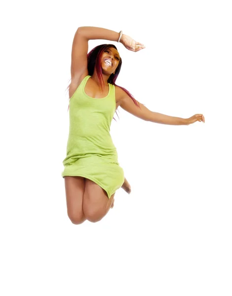 Attractive African American Woman Green Dress Jumping — Stock Photo, Image