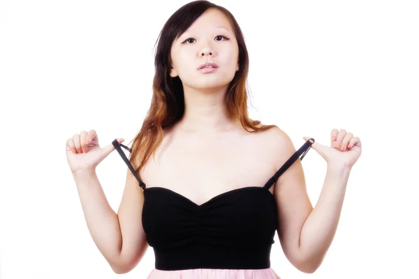 Chinese Woman Pulling On Straps Of Dress — Stock Photo, Image