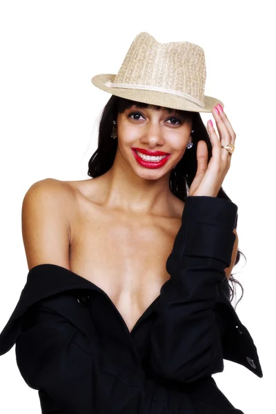 Skinny Light Skinned Black Woman Smiling Bare Shoulders — Stock Photo, Image