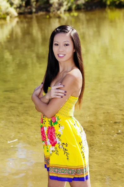 Glimlachen van Aziatische Amerikaanse vrouw buiten Water achtergrond — Stockfoto