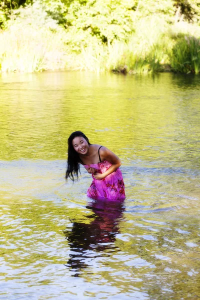 Smiling Wet Japanese Woman Wearing Dress In River — Stock Photo, Image