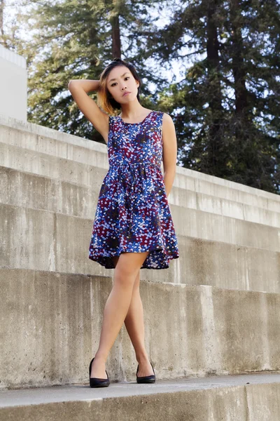 Струнка азіатська американська жінка стоїть плаття — стокове фото