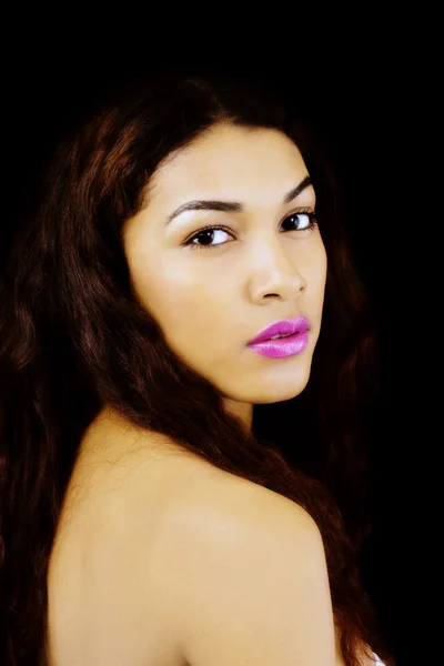 Latina Woman Portrait Looking Over Bare Shoulder — Stock Photo, Image