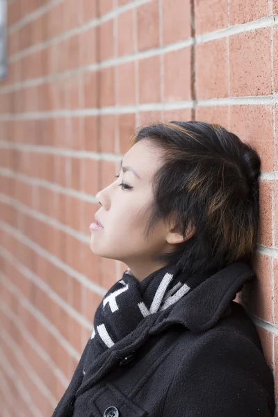 Jovem atraente asiático americano mulher tijolo parede — Fotografia de Stock