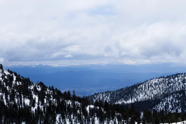 Montagnes enneigées avec arbres et nuages — Photo