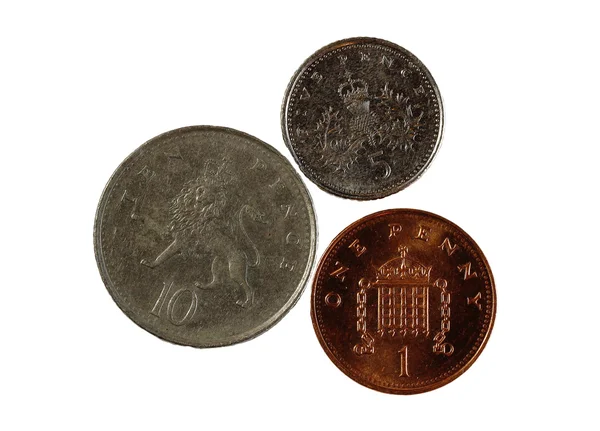 Tre monete inglesi One Five Ten Pence — Foto Stock