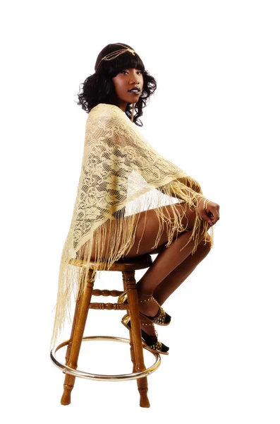 Skinny African American Woman Sitting Gold Shawl — Stock Photo, Image