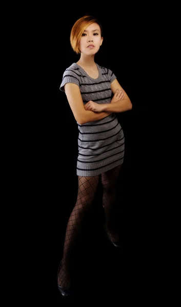 Skinny Asian American Woman Arms Crossed In Knit Dress — Stock Photo, Image