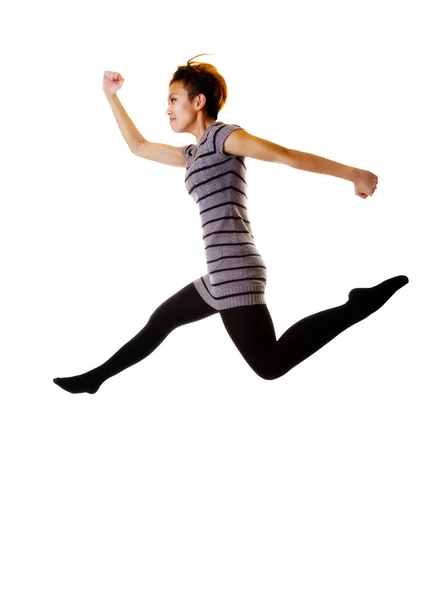 Skinny Asian American Woman Jumping In Knit Dress — Stock Photo, Image