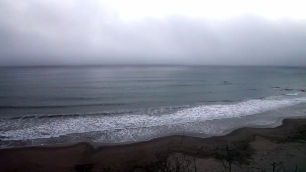 Amplio tiro de olas en la playa brumosa — Vídeos de Stock