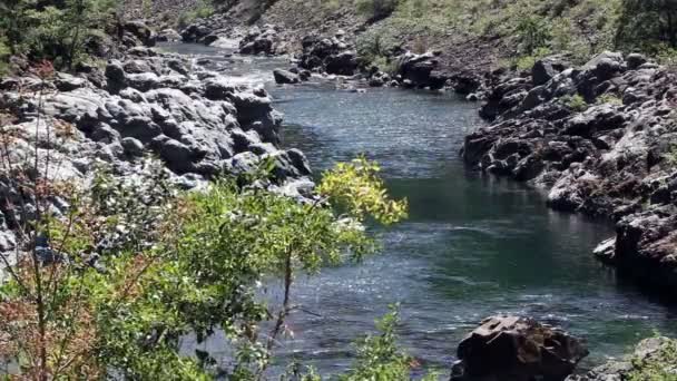 Pequeño río que fluye entre las orillas rocosas lejos de la cámara — Vídeos de Stock