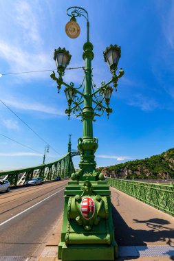 Budapeşte Macaristan 22 Haziran 2018: Özgürlük Köprüsü ve yolcu gemisi terminali. Buda ve Pest 'i Tuna Nehri' ne bağlayan köprü.. 