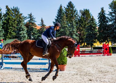 Macaristan Babolna 24 Ekim 2020: Yıllık At Atlama ve Binicilik Etkinliklerine katılan kimliği belirsiz yarışmacılar.