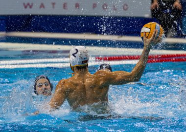 Budapeşte Macaristan 24 Ocak 2020: 34. Erkekler Avrupa sutopu şampiyonası. Milli takımlar turnuvası. Karadağ-Macaristan. Macaristan 10-8 kazandı. 