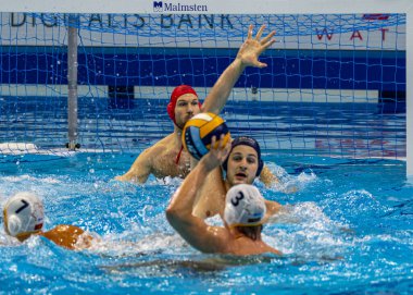 Budapeşte Macaristan 24 Ocak 2020: 34. Erkekler Avrupa sutopu şampiyonası. Milli takımlar turnuvası. Karadağ-Macaristan. Macaristan 10-8 kazandı. 