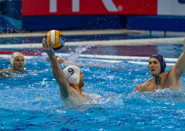 Budapeşte Macaristan 24 Ocak 2020: 34. Erkekler Avrupa sutopu şampiyonası. Milli takımlar turnuvası. Karadağ-Macaristan. Macaristan 10-8 kazandı. 