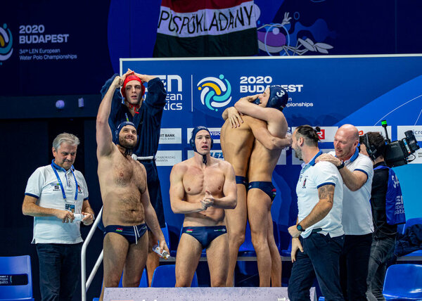 Budapest Hungary Jan 24, 2020: The 34th Men's European Water Polo Championship. The tournament for national teams. Montenegro-Hungary. Hungary won by 10-8. 