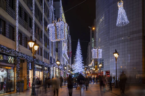 Budapeşte, Macaristan - 15 Aralık 2019: Turistler Budapeşte 'nin aşağısındaki Noel ruhu ve ışık gösterisinin tadını çıkarıyorlar. Bu geleneksel Noel fuarı her yıl bir milyondan fazla ziyaretçiyi çekiyor..